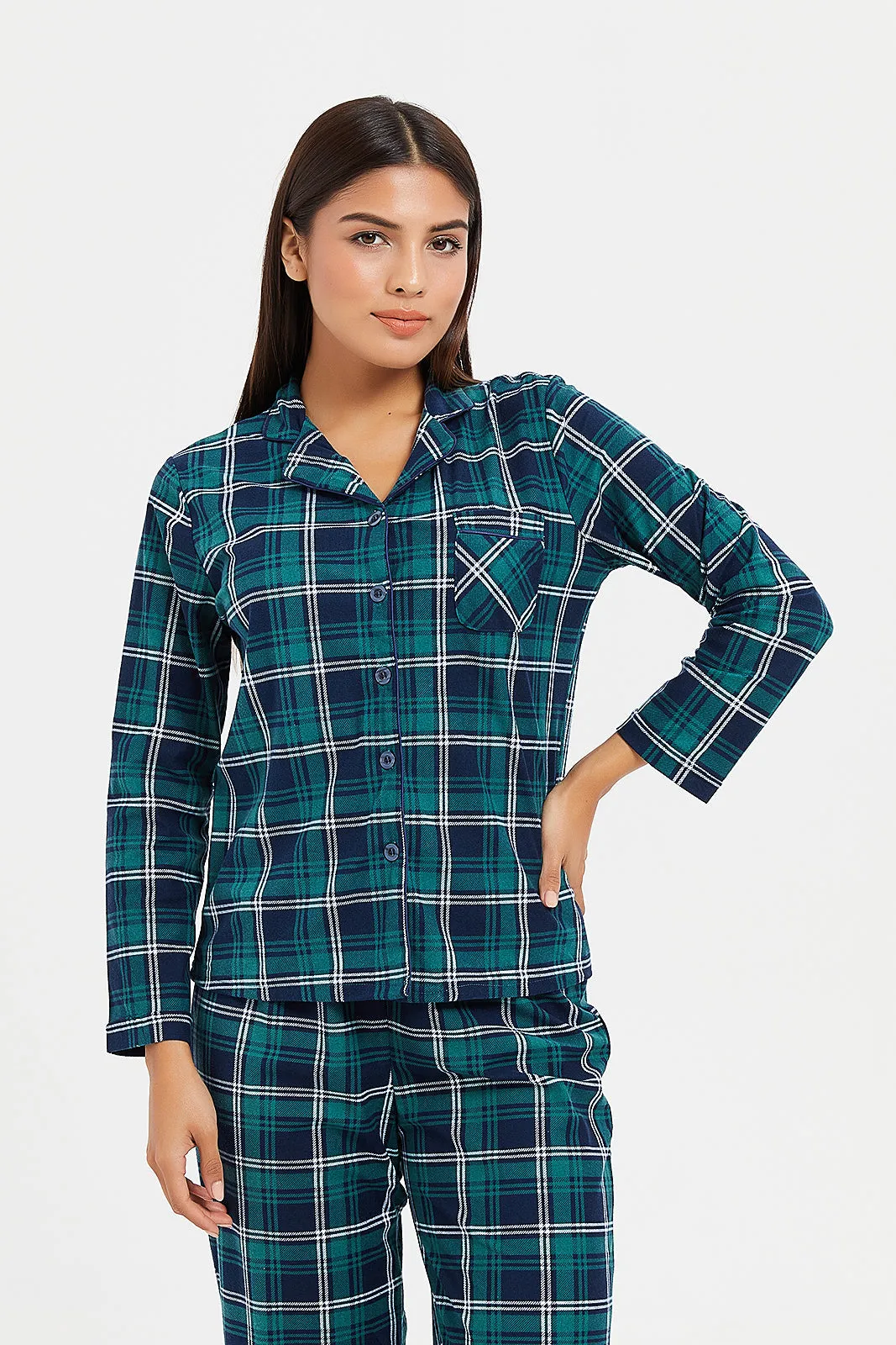 Women Navy And Green Checkered Set (2 Piece)