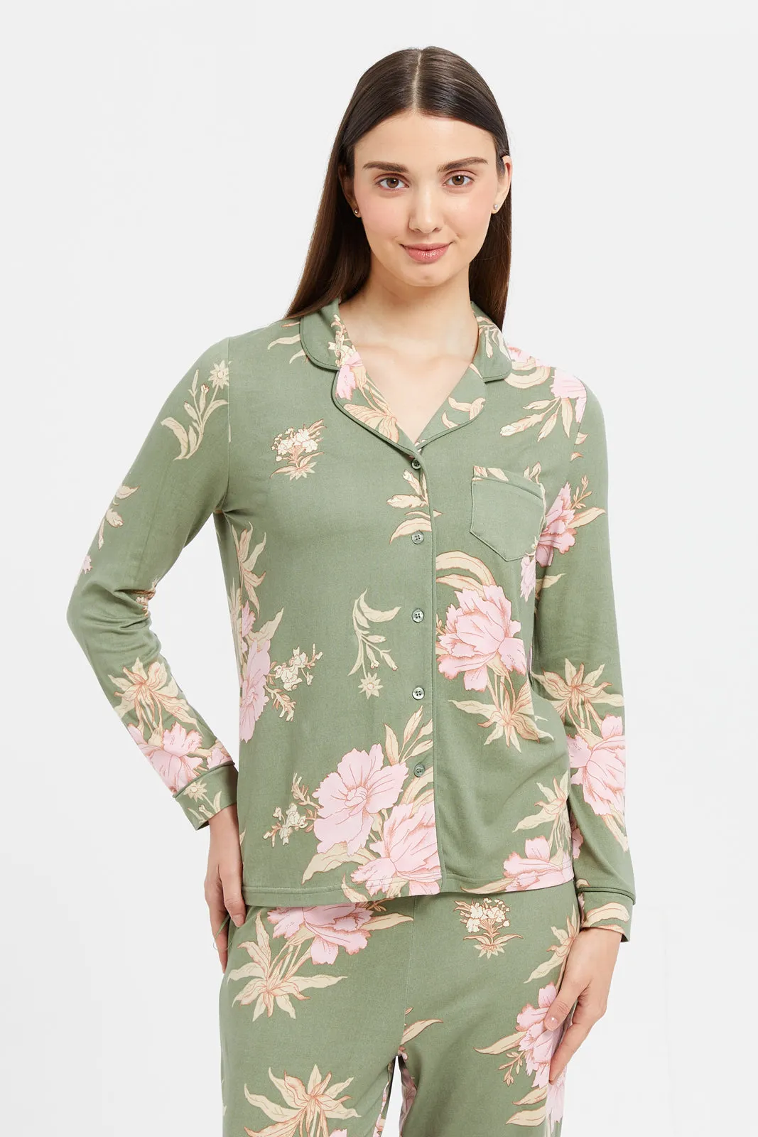 Women Olive Printed Pyjama Set (2 Piece)