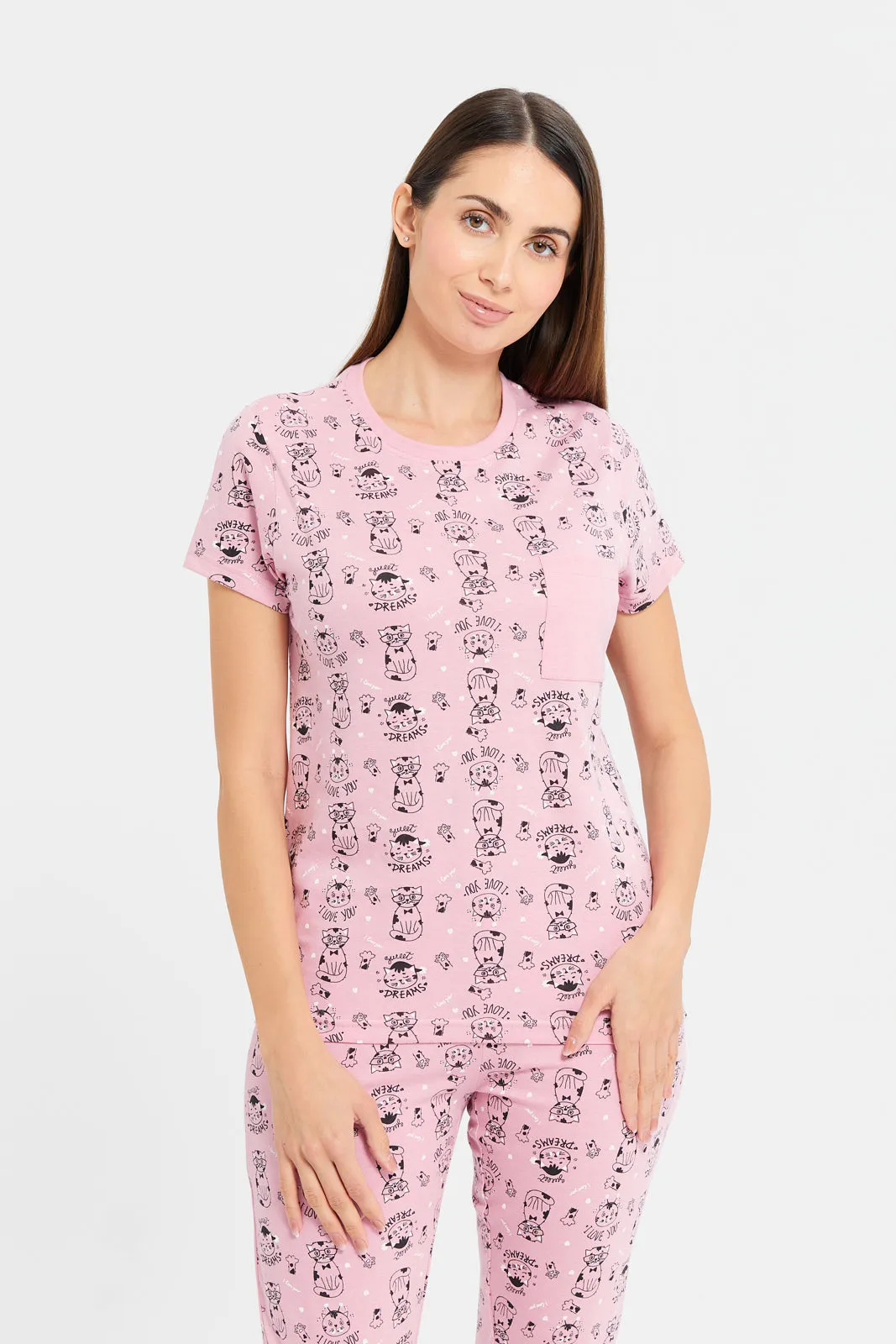 Women Pink Cat Print Pajama Set (2 Piece)