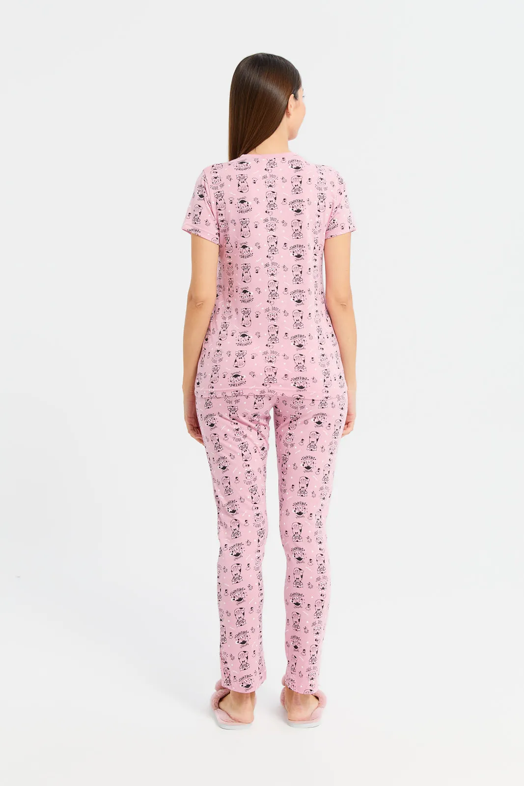 Women Pink Cat Print Pajama Set (2 Piece)