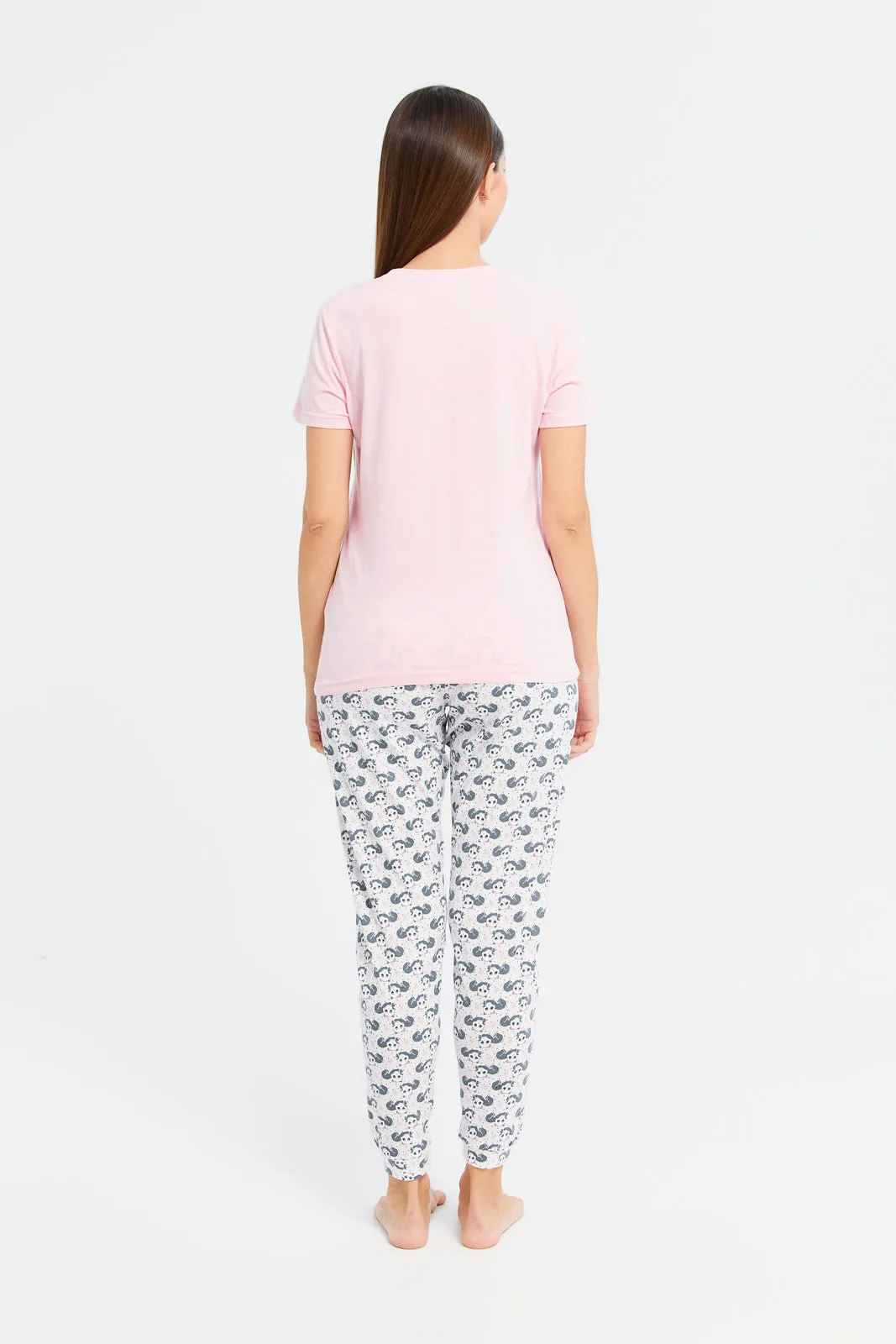 Women Pink Panda Print Pyjama Set (2 Piece)