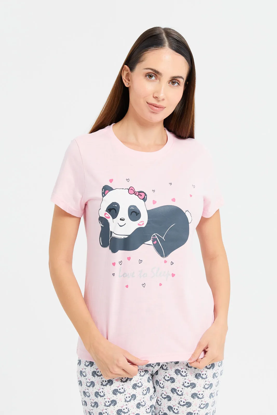 Women Pink Panda Print Pyjama Set (2 Piece)