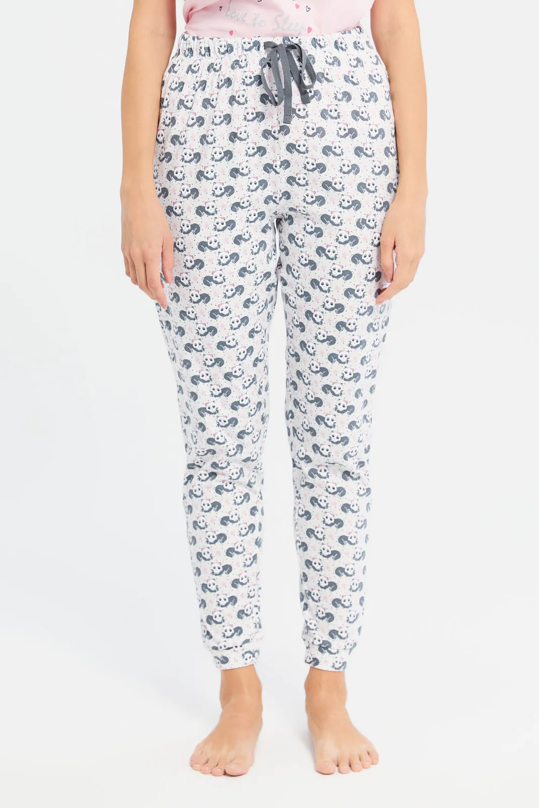 Women Pink Panda Print Pyjama Set (2 Piece)