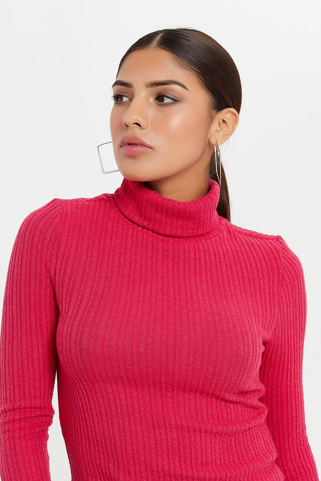 Women Pink Turtle Neck Rib Top