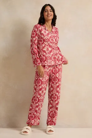 Women Red And White Flannel Table Pyjama Set (2 Piece)