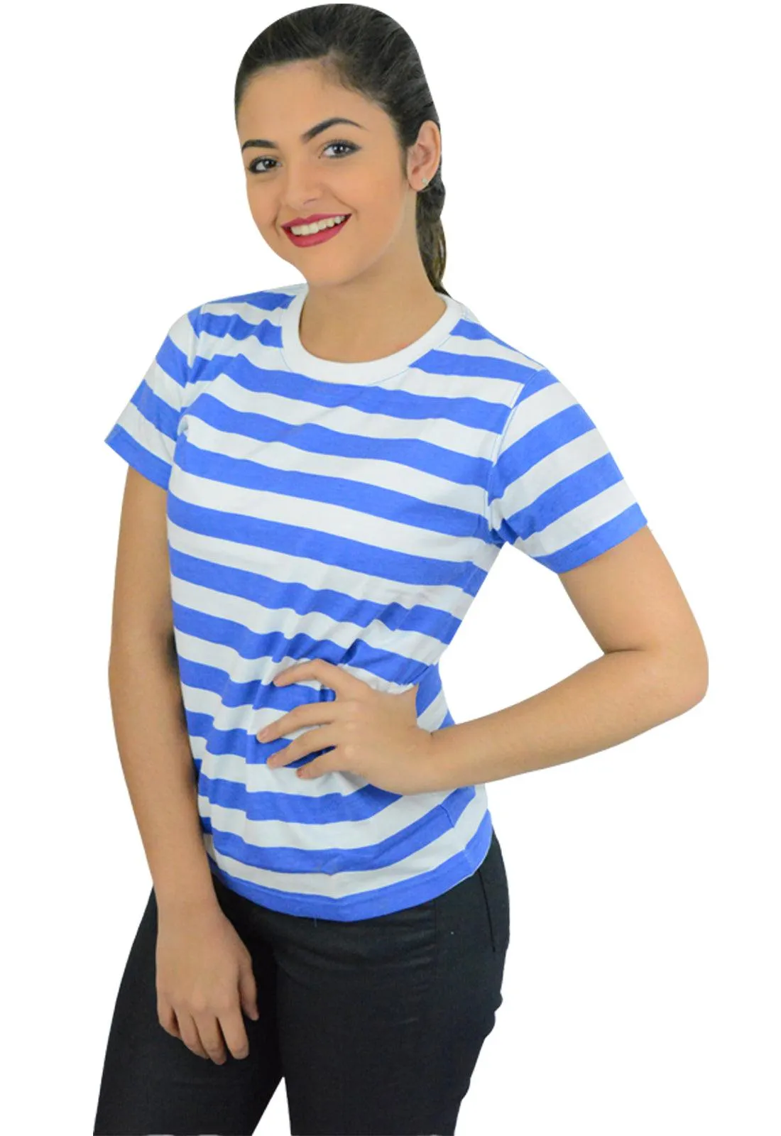 Women’s Blue &White Striped T-shirt Short Sleeves Regular Ladies Hen Night Tops