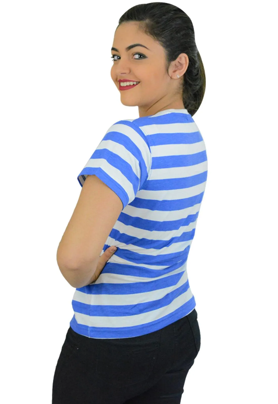 Women’s Blue &White Striped T-shirt Short Sleeves Regular Ladies Hen Night Tops