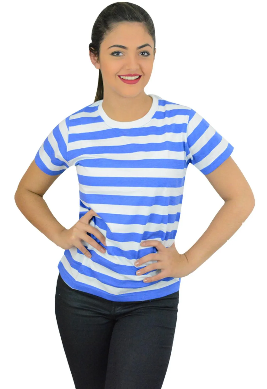 Women’s Blue &White Striped T-shirt Short Sleeves Regular Ladies Hen Night Tops